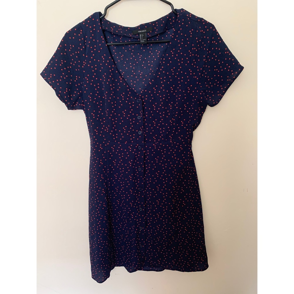 Blue mini dress with red polka dots